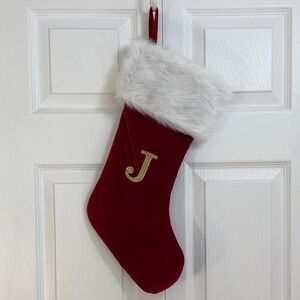 2 for $25 - Red Velvet Christmas Stocking with Gold “J” Initial & faux fur trim.
